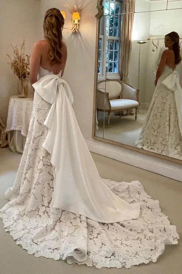 Floral Lace Strapless A Line Boho Ivory Wedding Dress with Satin Bowtie (ZD16180)