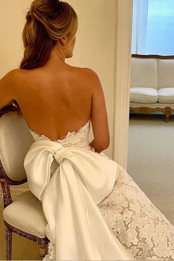 Floral Lace Strapless A Line Boho Ivory Wedding Dress with Satin Bowtie (ZD16180)
