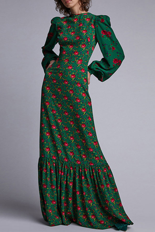 Floral Ruffle Lantern Sleeve Long Dress - Fashionpara