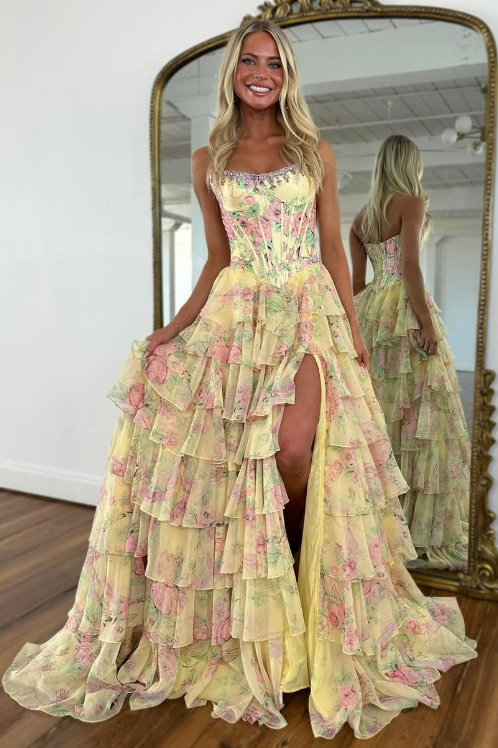 Glamorous A Line Floral Print Strapless Tiered Prom Dress with Fitted Corset