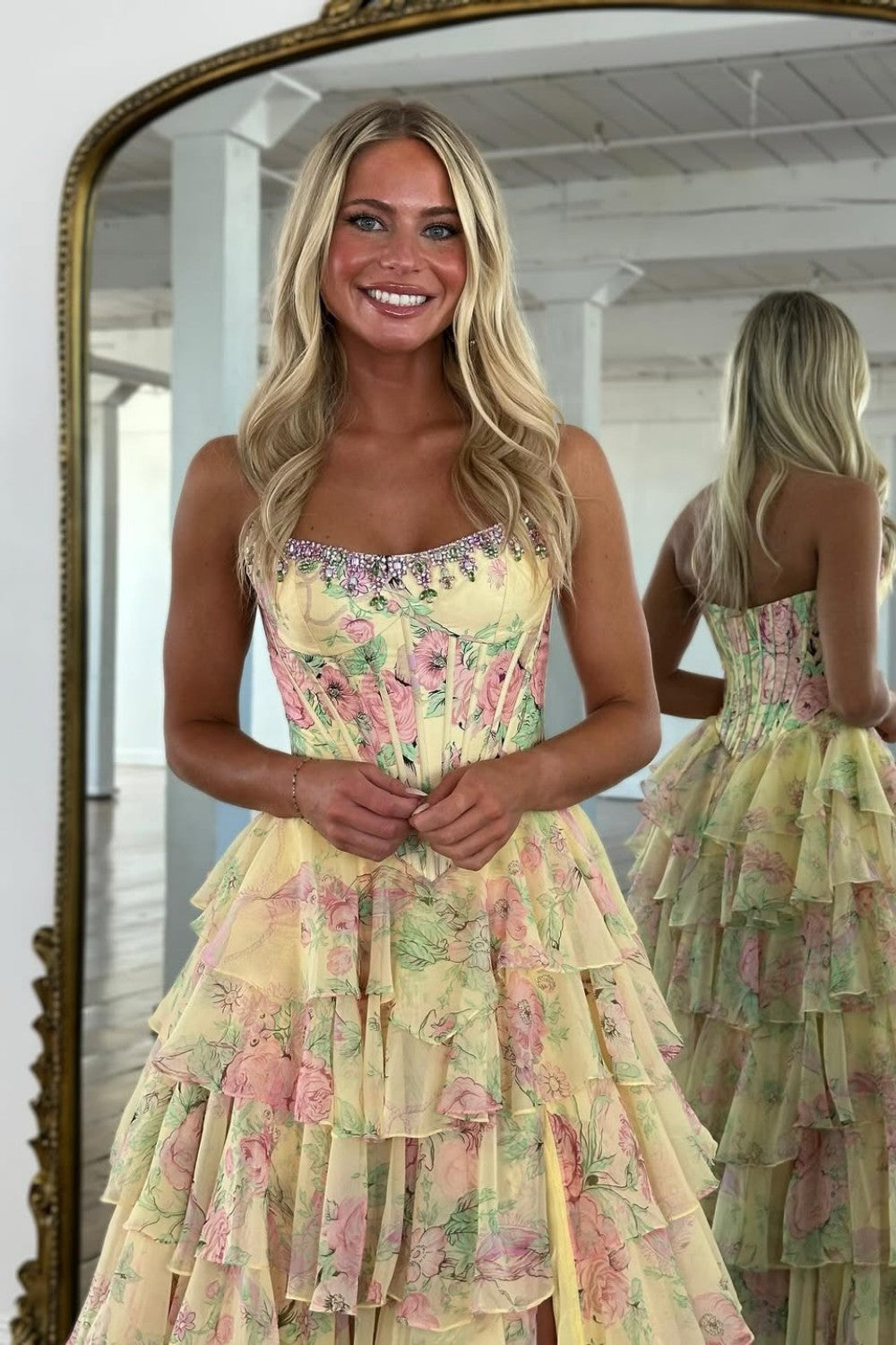 Glamorous A Line Floral Print Strapless Tiered Prom Dress with Fitted Corset