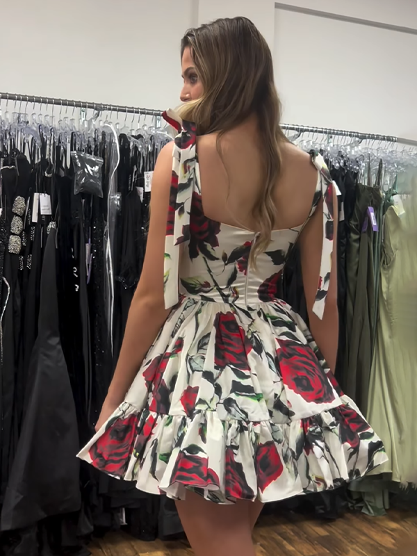 Floral Satin A Line Printed Short Homecoming Dress with Ruffles