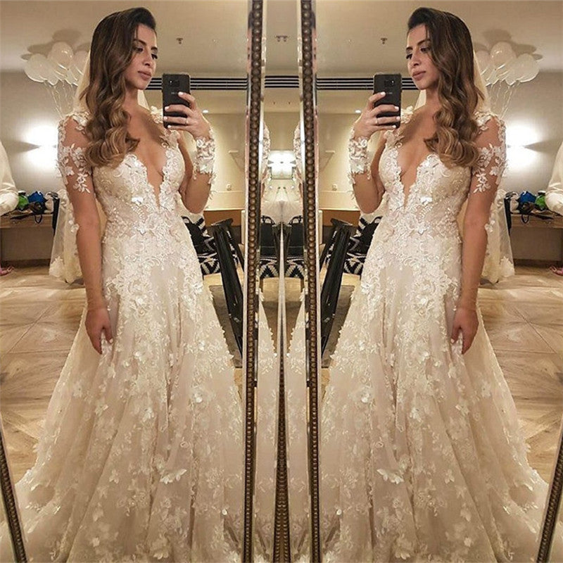 Flowers Lace Long Sleeve Wedding Dress  Illusion Amazing Bride Dress