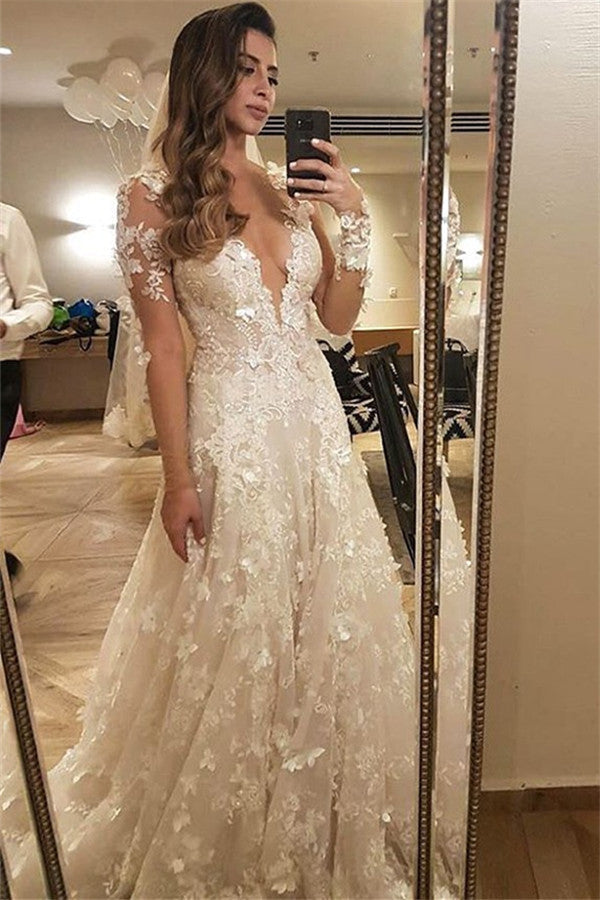 Flowers Lace Long Sleeve Wedding Dress  Illusion Amazing Bride Dress