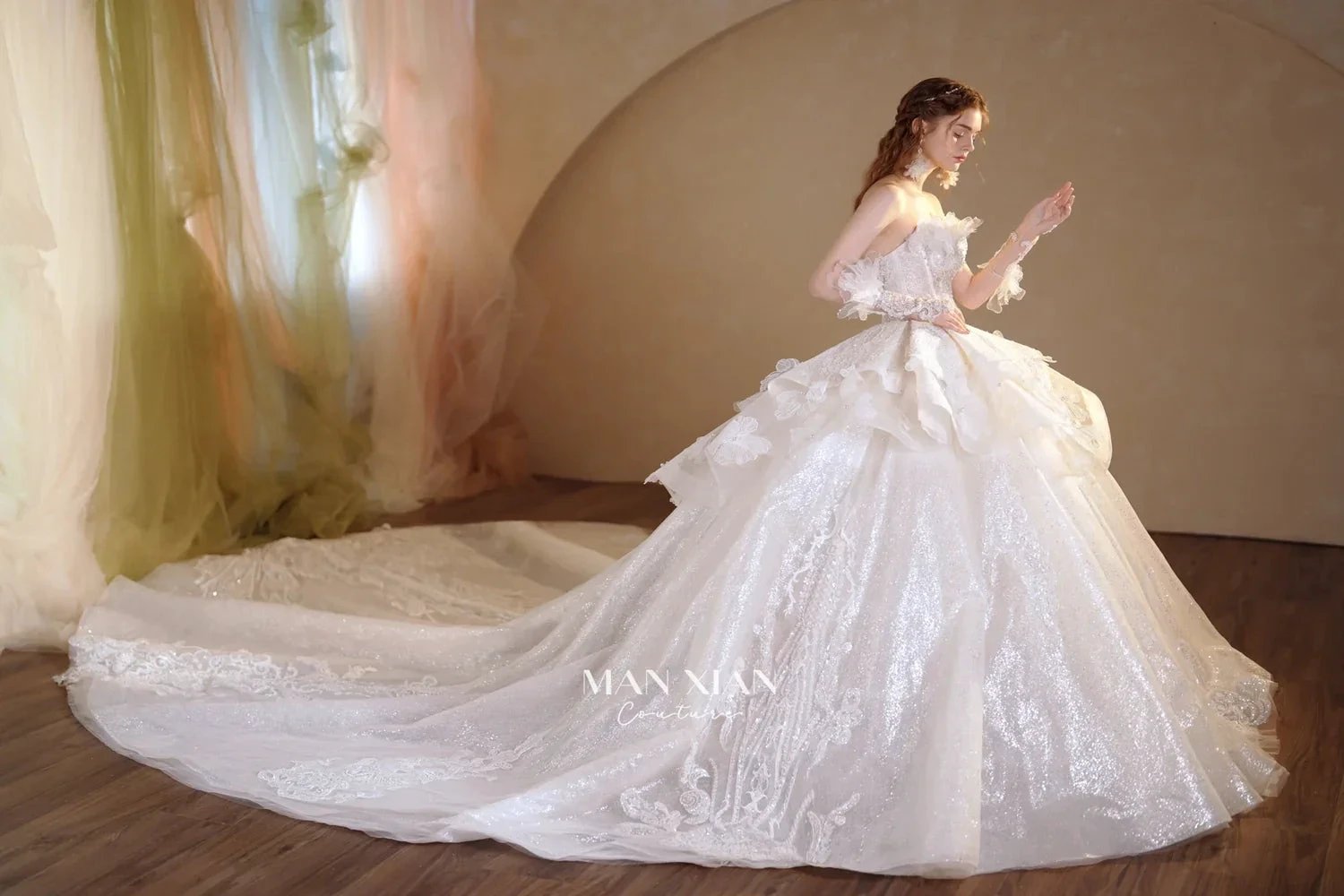 Luminous Ivory Off-Shoulder Glitter Tulle Ball Gown with 3D Floral Lace & Train (ZD16936)
