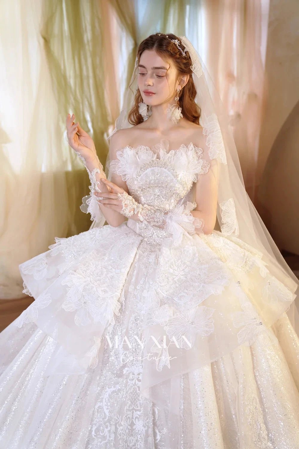 Luminous Ivory Off-Shoulder Glitter Tulle Ball Gown with 3D Floral Lace & Train (ZD16936)