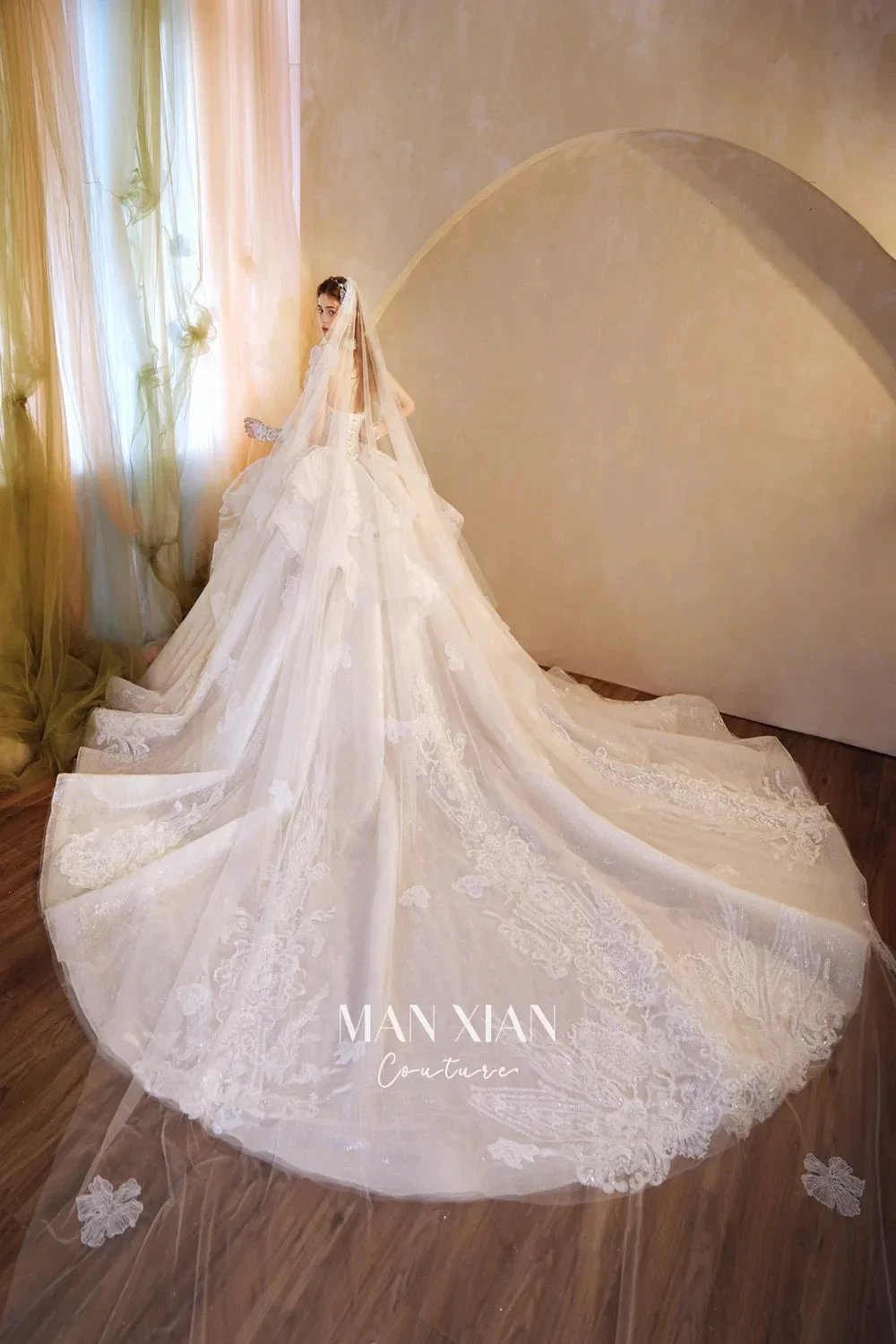Luminous Ivory Off-Shoulder Glitter Tulle Ball Gown with 3D Floral Lace & Train (ZD16936)