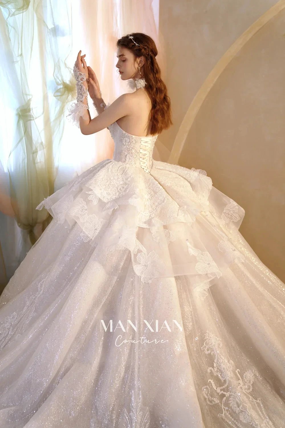 Luminous Ivory Off-Shoulder Glitter Tulle Ball Gown with 3D Floral Lace & Train (ZD16936)
