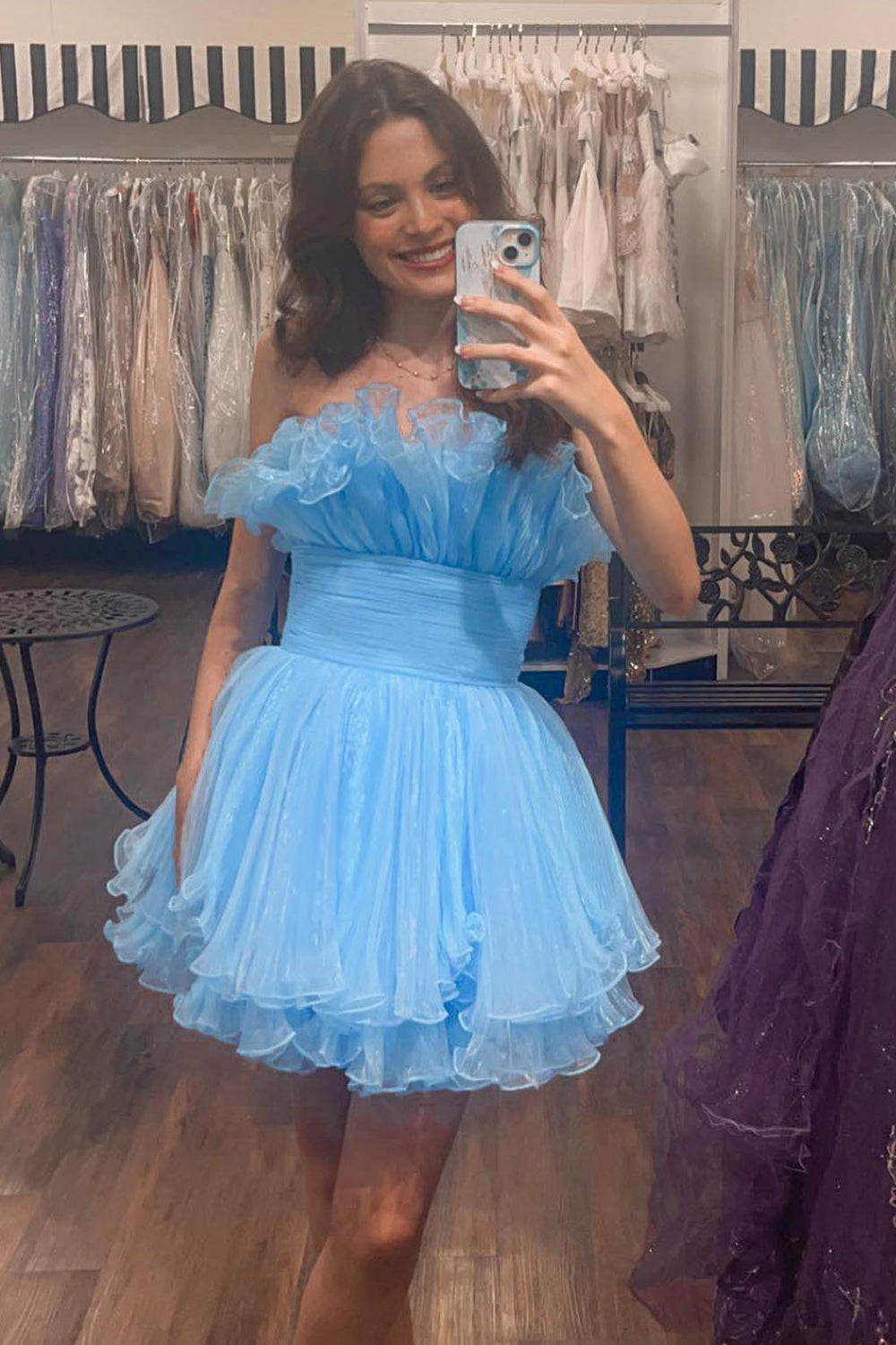 Fluffy Blue Homecoming Dresses A-Line Strapless Ruffled Short Cocktail Dresses
