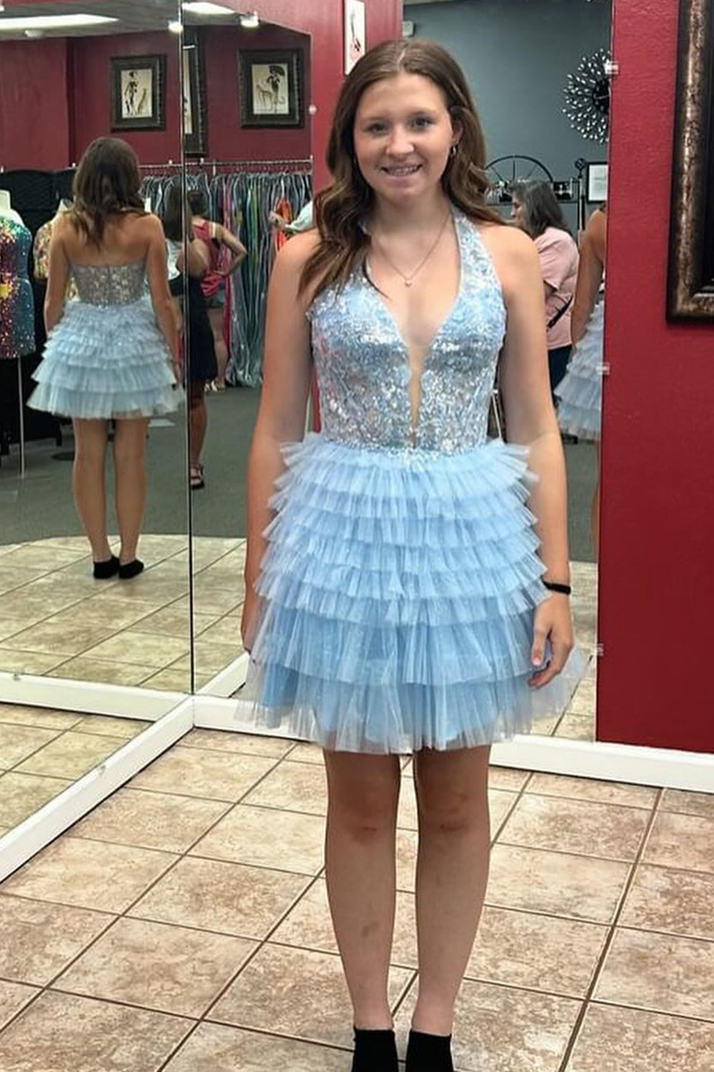 Fluffy Light Blue Homecoming Dresses A Line Halter Tiered Short Corset Prom Dress