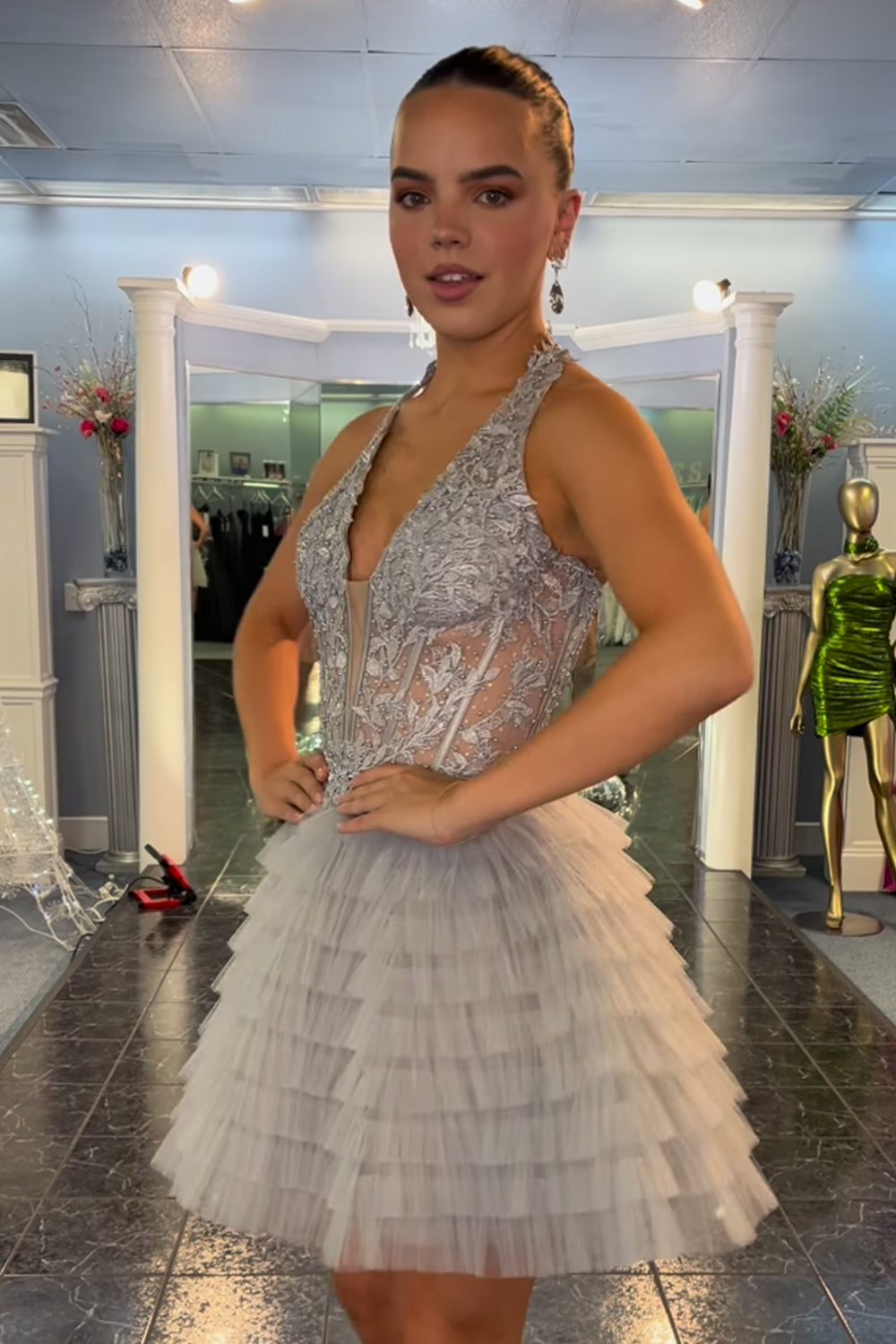Fluffy Royal Blue Homecoming Dresses A Line Halter Tiered Short Corset Prom Dress