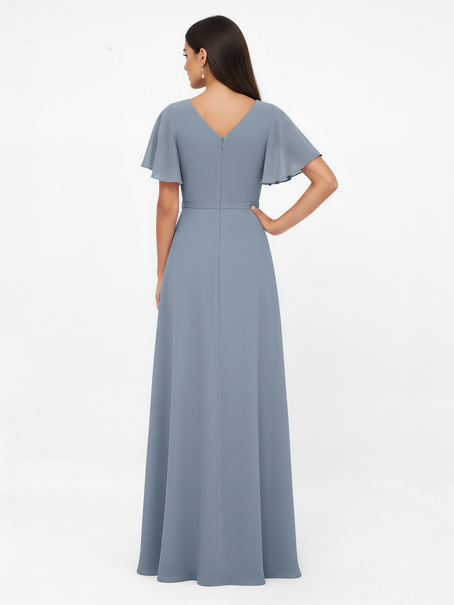 Flutter Sleeves Chiffon V Neck Maxi Dresses with Sash Bow