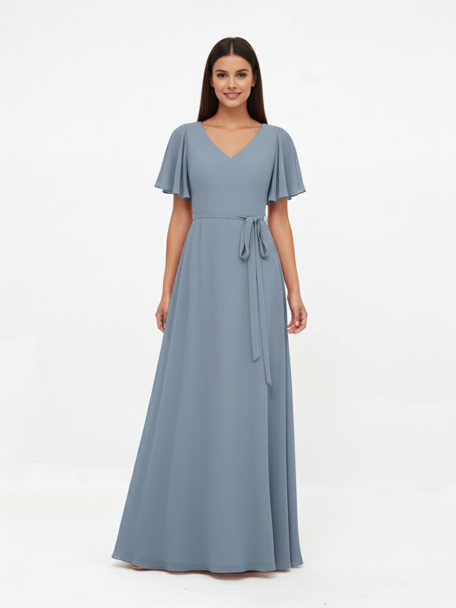 Flutter Sleeves Chiffon V Neck Maxi Dresses with Sash Bow