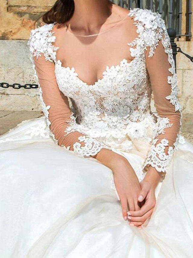 Formal A-Line Wedding Dress Jewel Lace Tulle Long Sleeve Sexy See-Through Bridal Gowns with Court Train