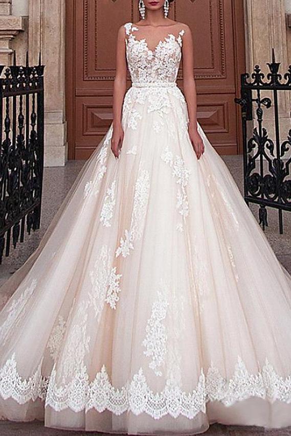 Formal A-Line Wedding Dress Jewel Lace Tulle Sleeveless Sexy See-Through Bridal Gowns with Sweep Train