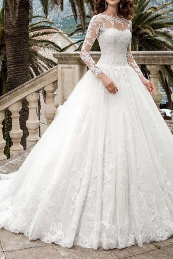 Formal A-Line Wedding Dress Jewel Tulle Long Sleeves Bridal Gowns with Sweep Train