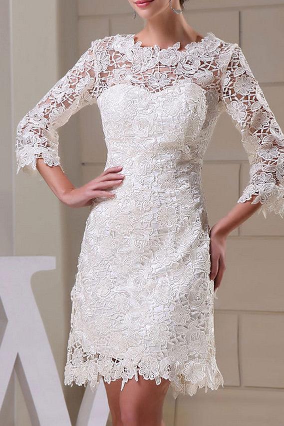 Formal Sheath Beach Wedding Dress Jewel Knee Length Lace Long Sleeves Bridal Gowns On Sale