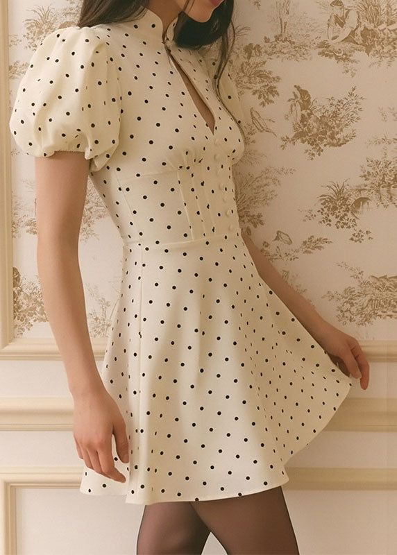 French Beige Stand Collar Puff Sleeve Print Cotton Mini Dresses