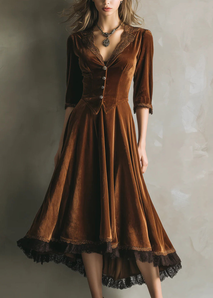 French Chocolate V Neck Lace Patchwork Silk Velvet Long Dress Half Sleeve