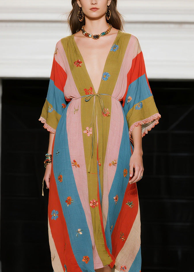 French Colorblock V Neck Floral Patchwork Cotton Dress Summer