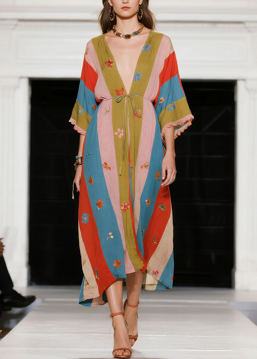 French Colorblock V Neck Floral Patchwork Cotton Dress Summer