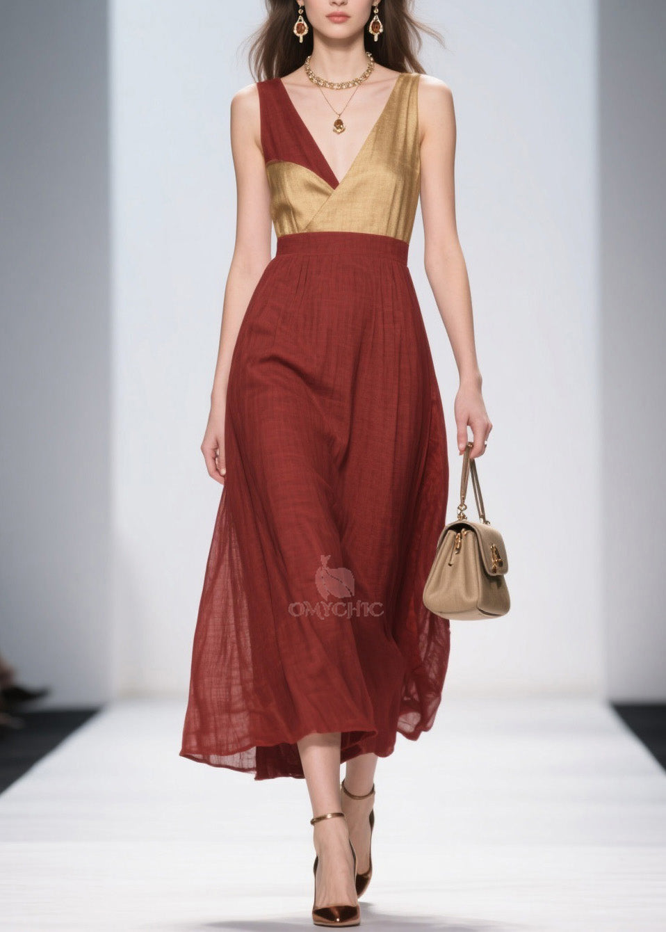 French Colorblock V Neck Patchwork Cotton Dresses Sleeveless