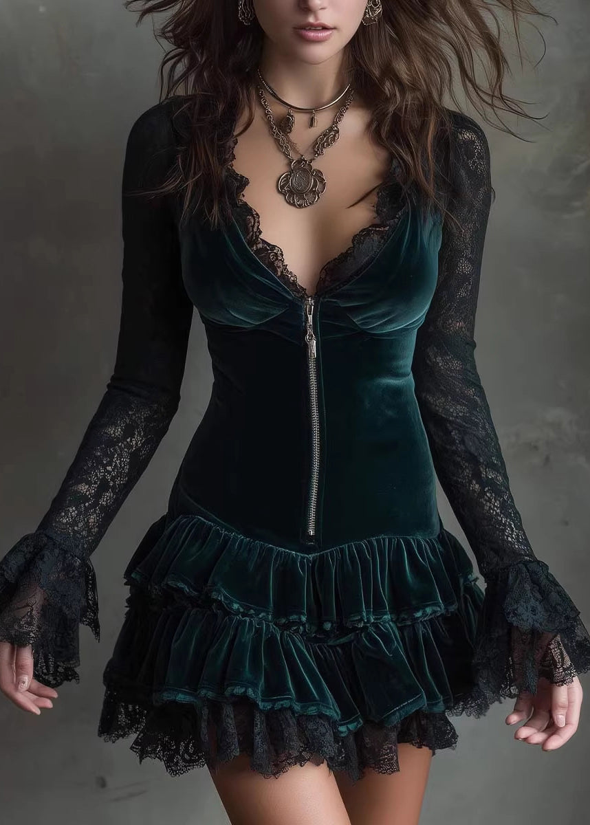 French Green V Neck Lace Patchwork Velvet Mini Dress Fall
