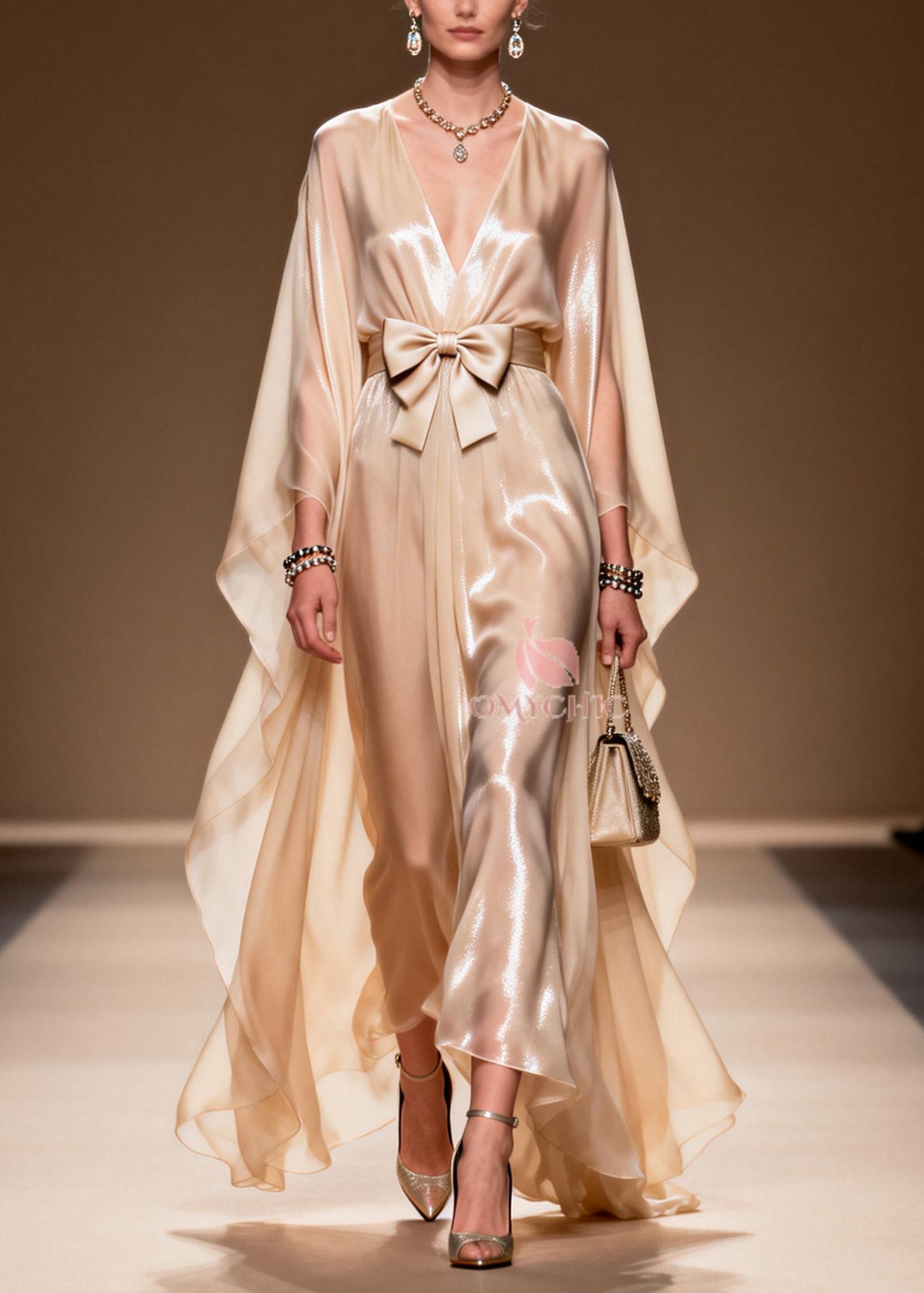 French Khaki Bow Exra Large Hem Chiffon Dinner Dresses Summer