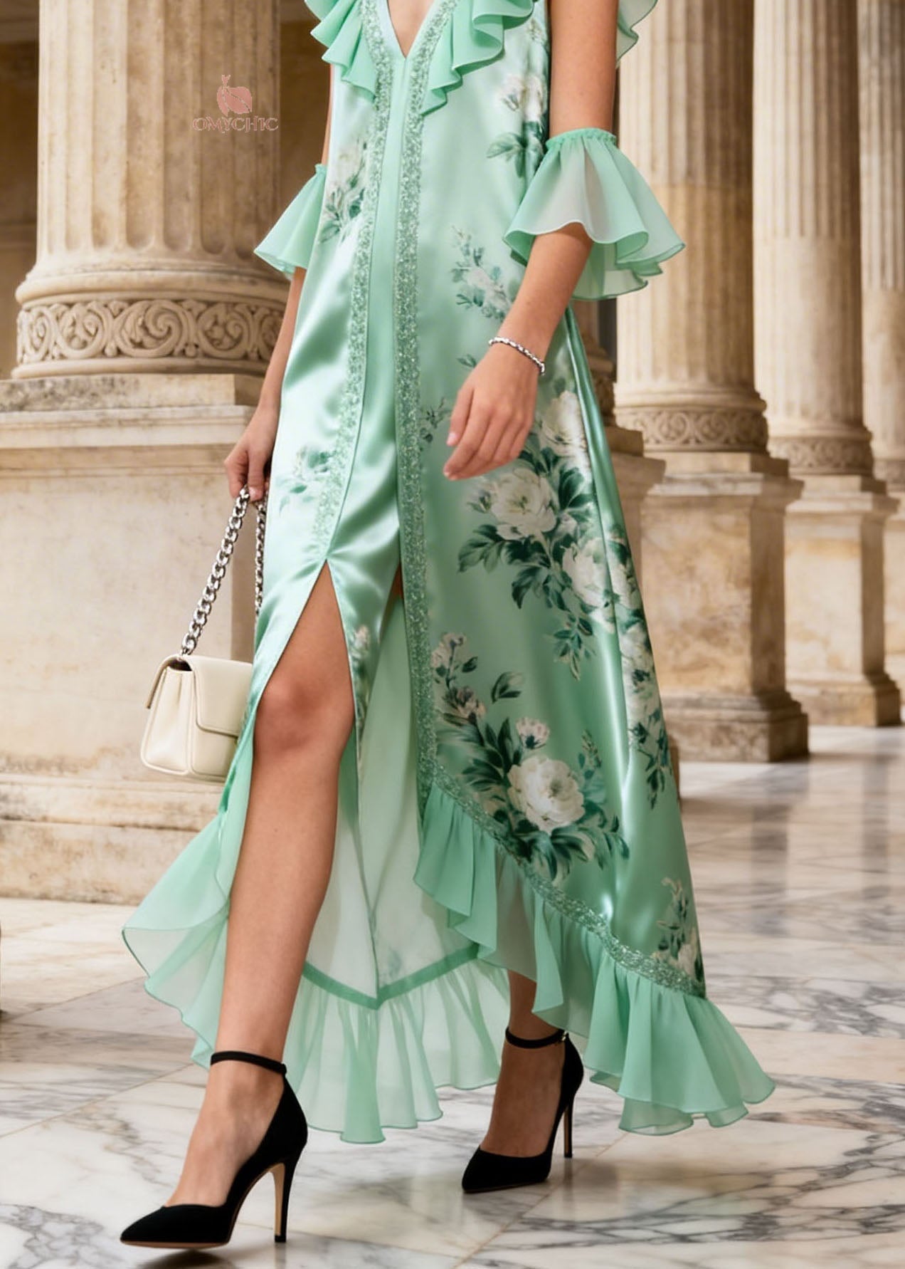 French Light Green Ruffled Patchwork Print Chiffon Dress Summer