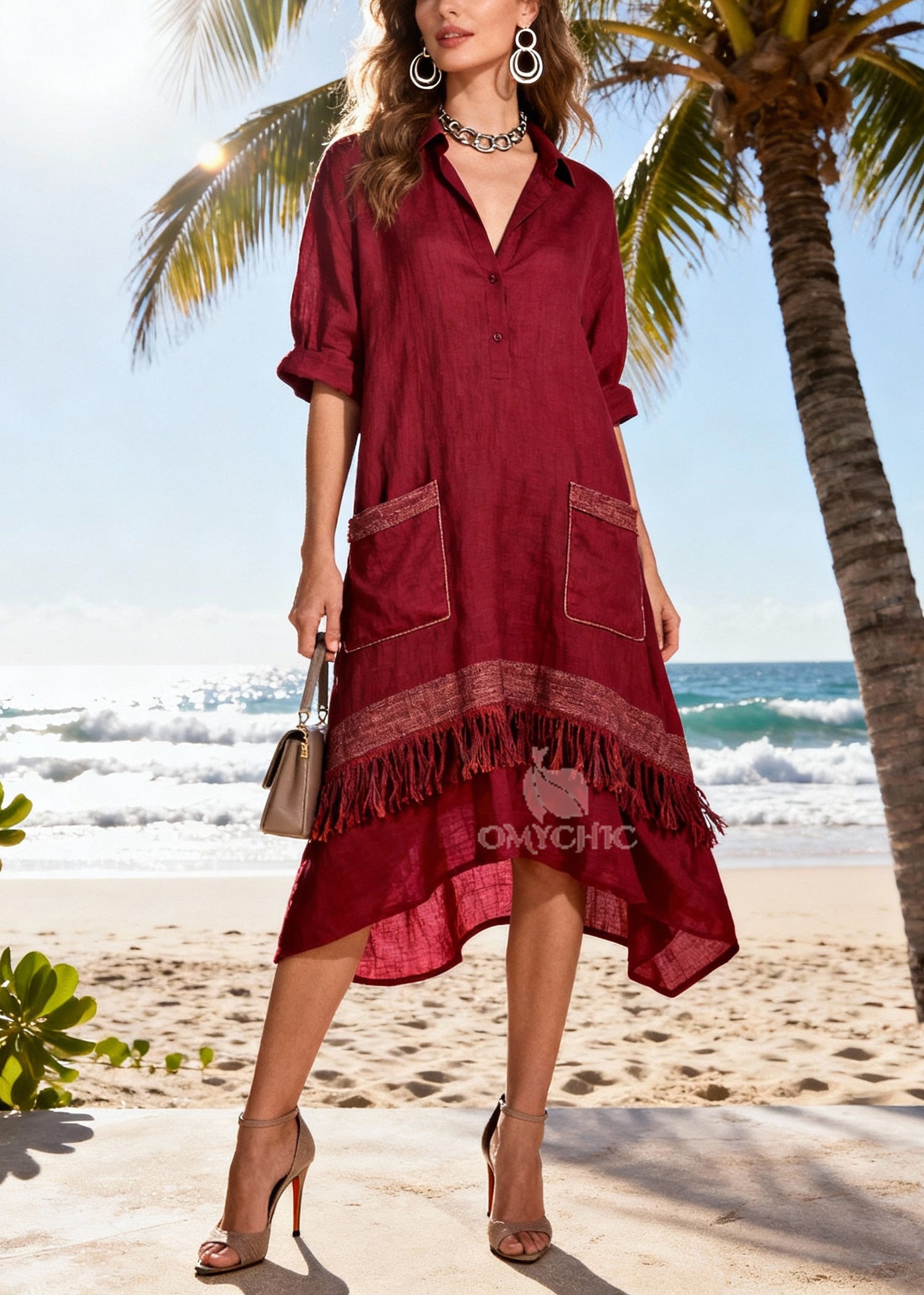 French Mulberry Tasseled Patchwork Cotton Vacation Dress Summer
