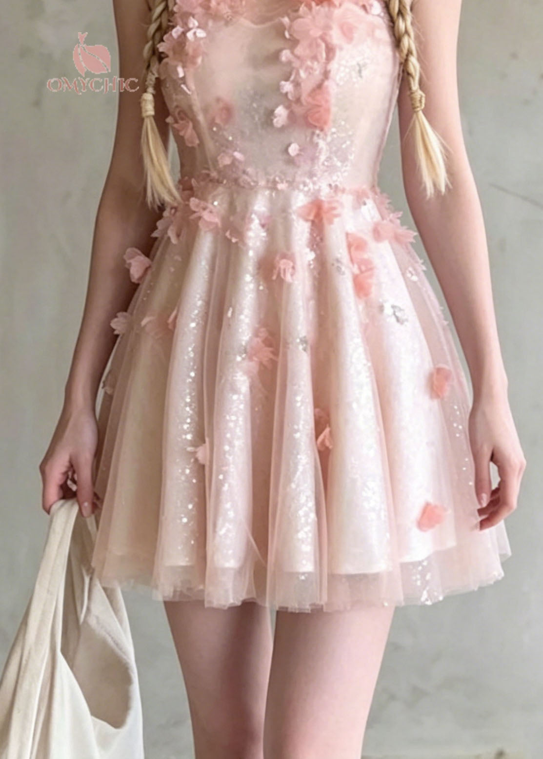 French Pink O Neck Floral Wrinkled Tulle Dress Summer