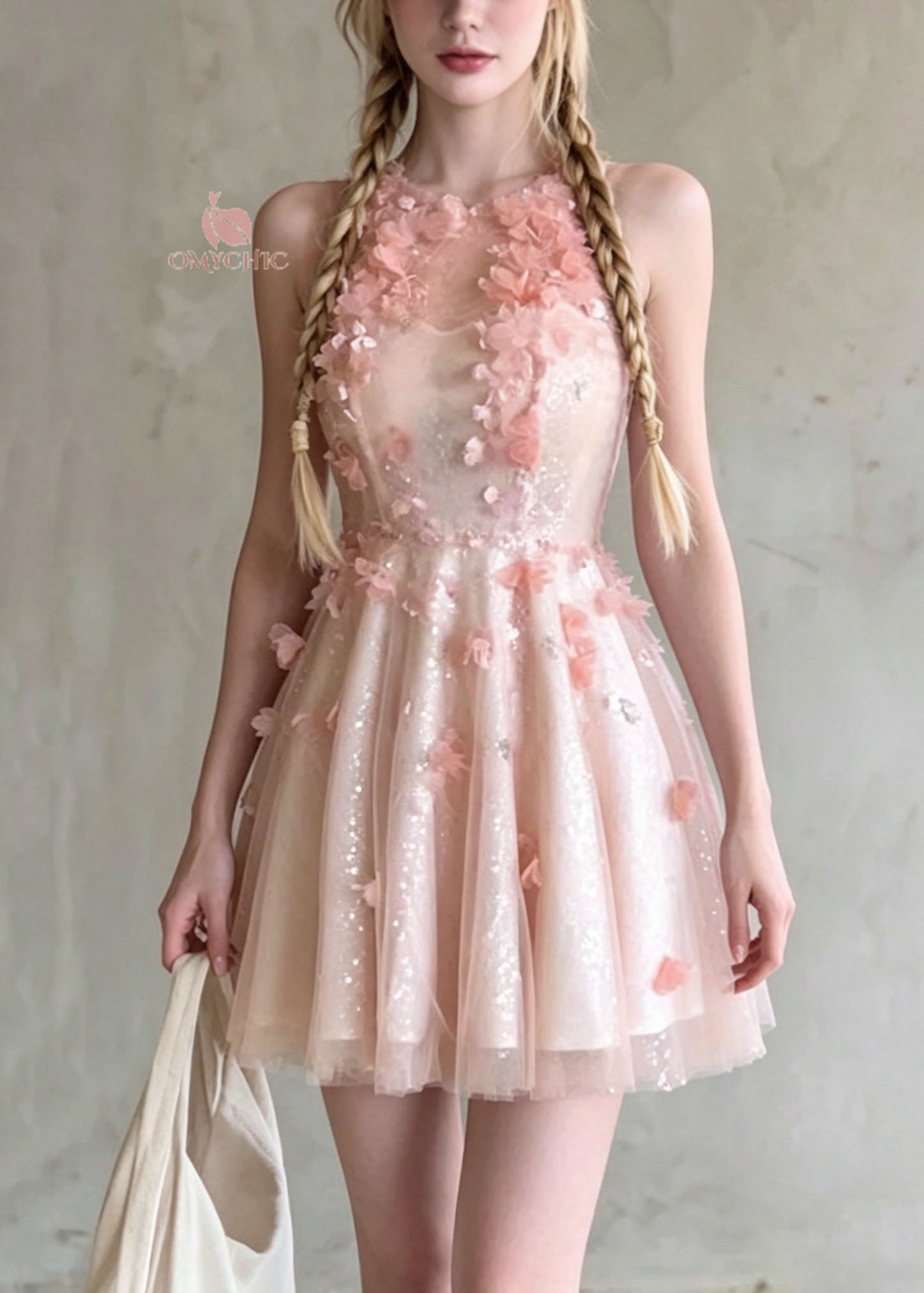 French Pink O Neck Floral Wrinkled Tulle Dress Summer