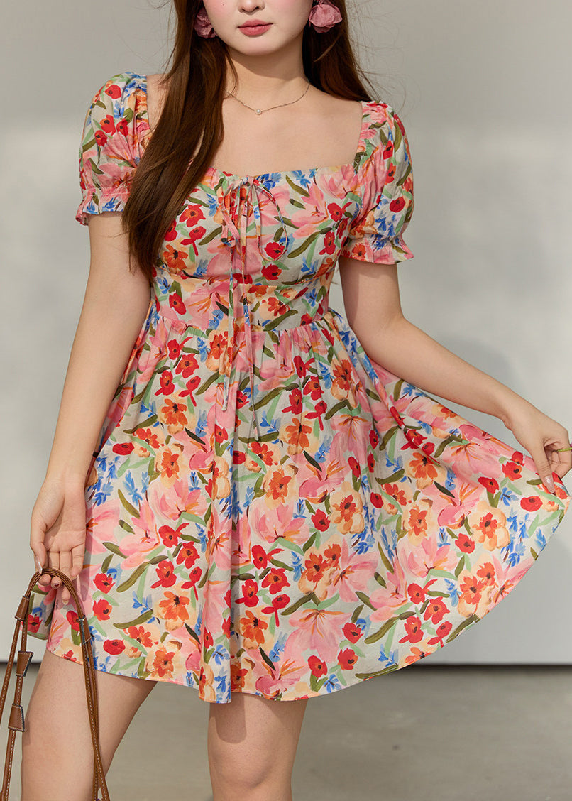 French Red Square Collar Print Cotton Mini Dress Summer
