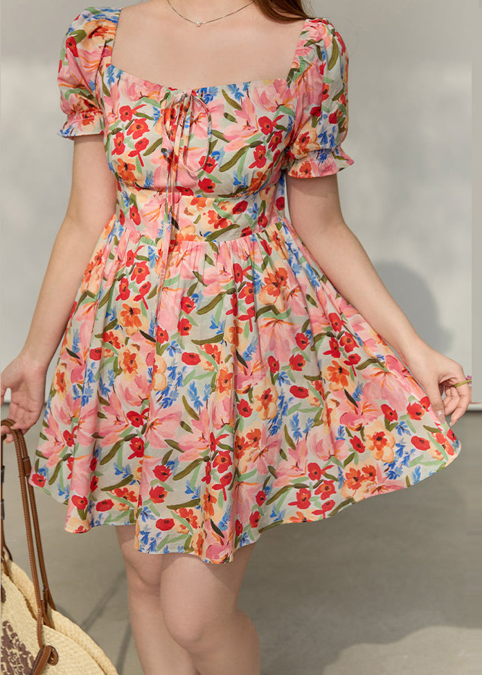French Red Square Collar Print Cotton Mini Dress Summer