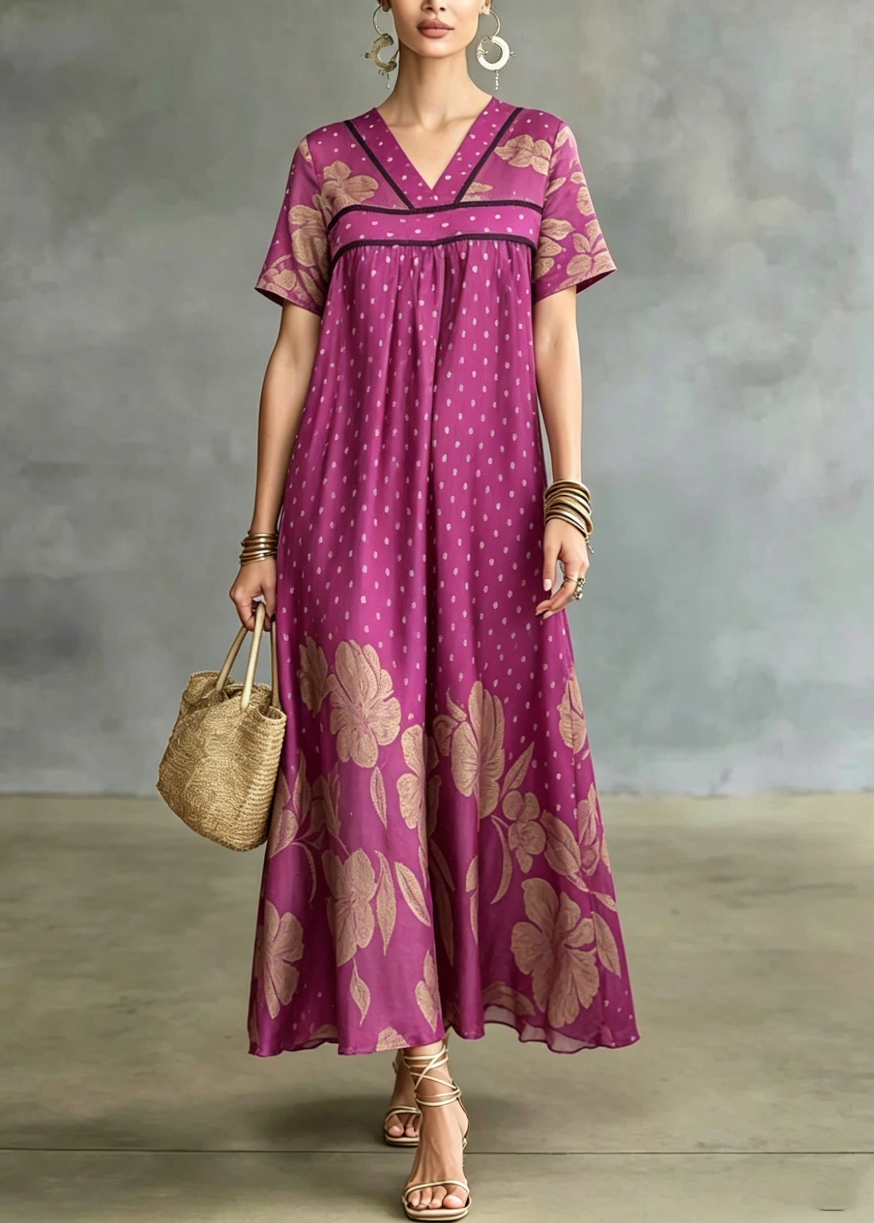 French Rose Print Wrinkled Ice Silk Maxi Dresses Summer