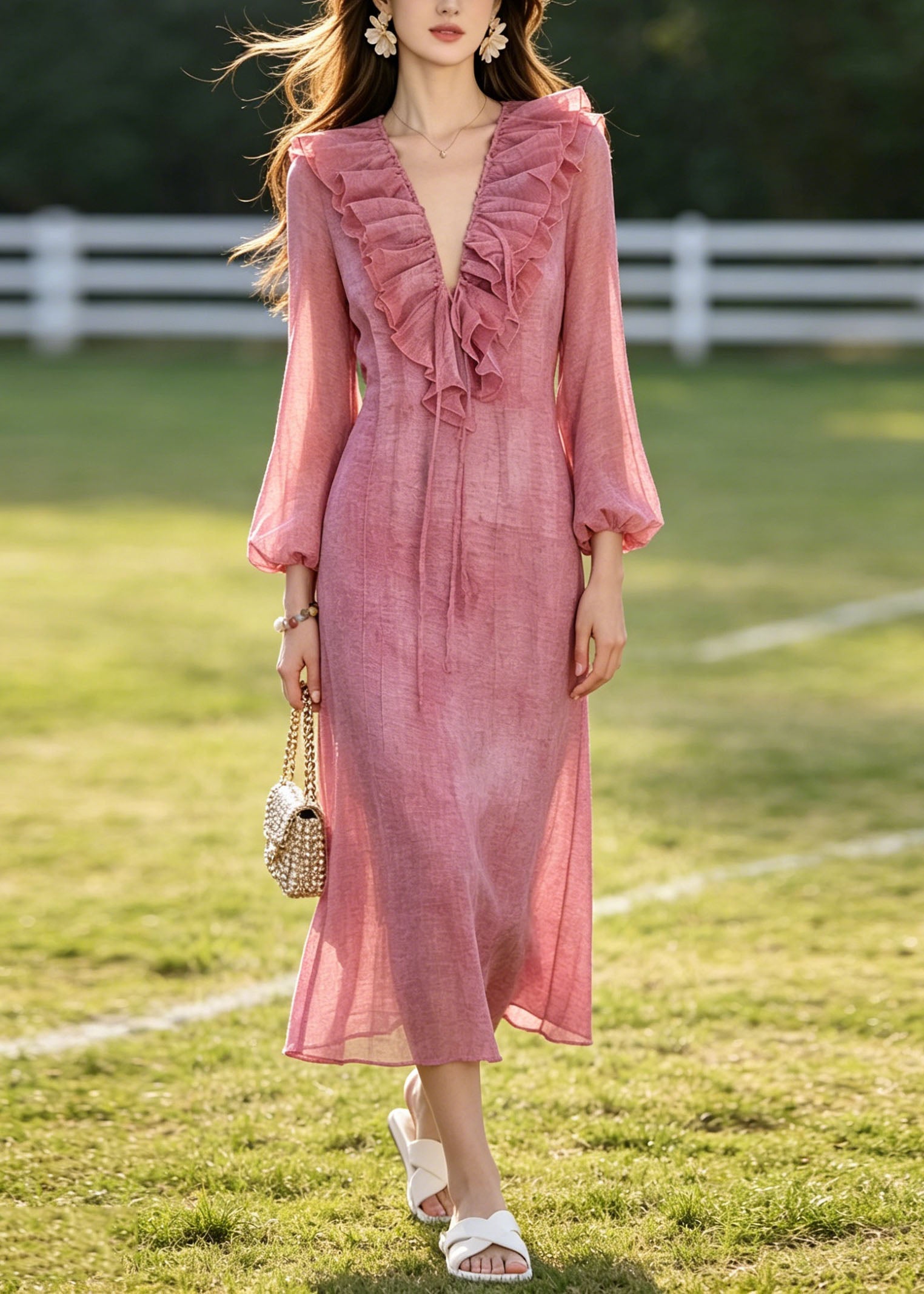French Rose Ruffled Tie Dye Chiffon Dresses Summer