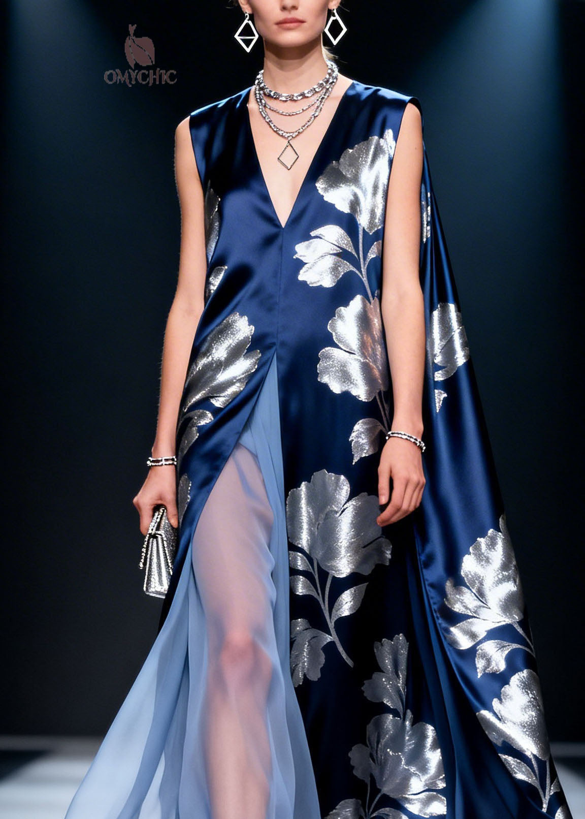 French V Neck Print Patchwork Silk Dress Sleeveless