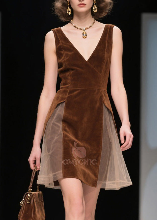 French V Neck Tulle Patchwork Velvet Dress Sleeveless