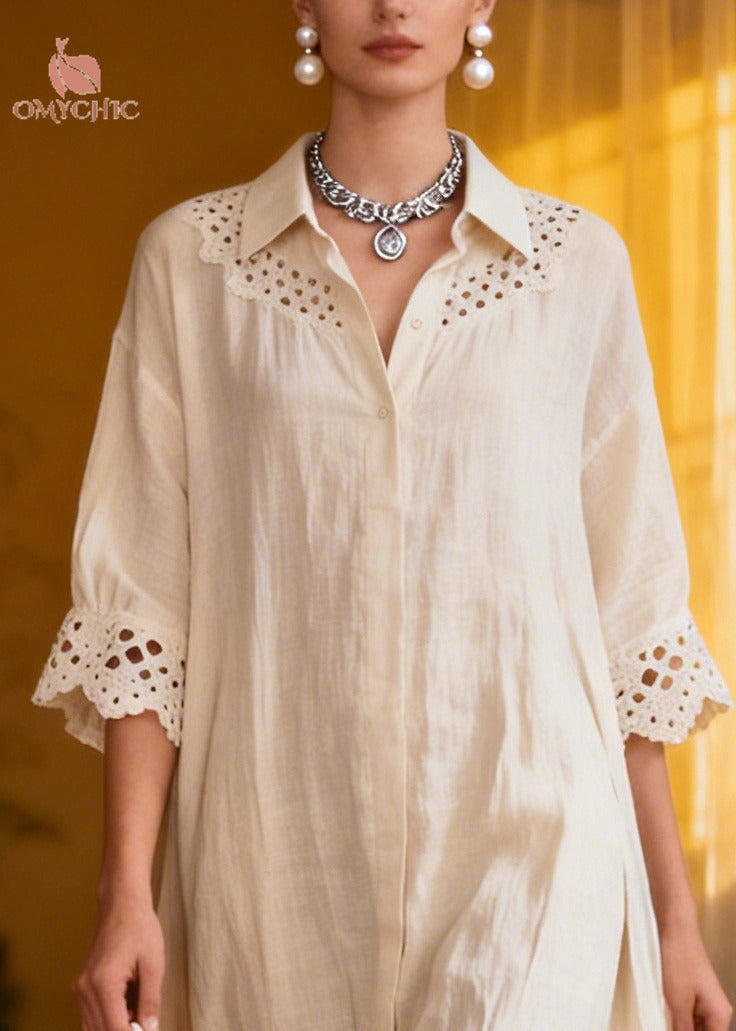 French White Oversized Hollow Out Cotton A Line Dresses Summer