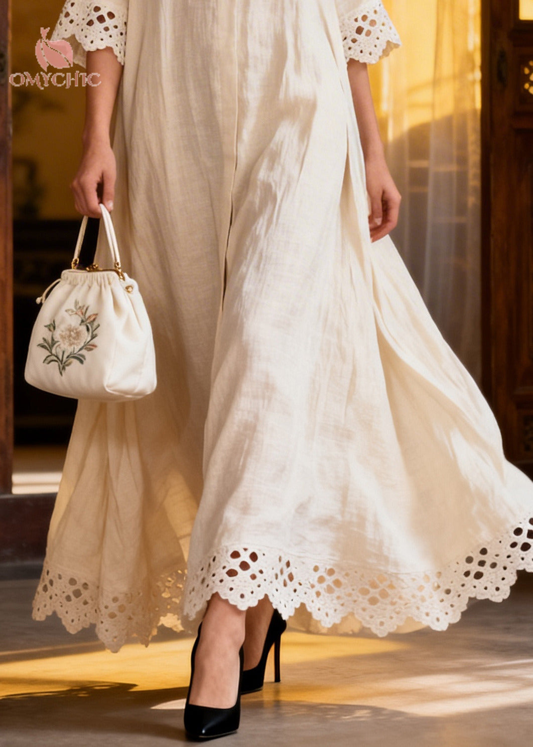 French White Oversized Hollow Out Cotton A Line Dresses Summer
