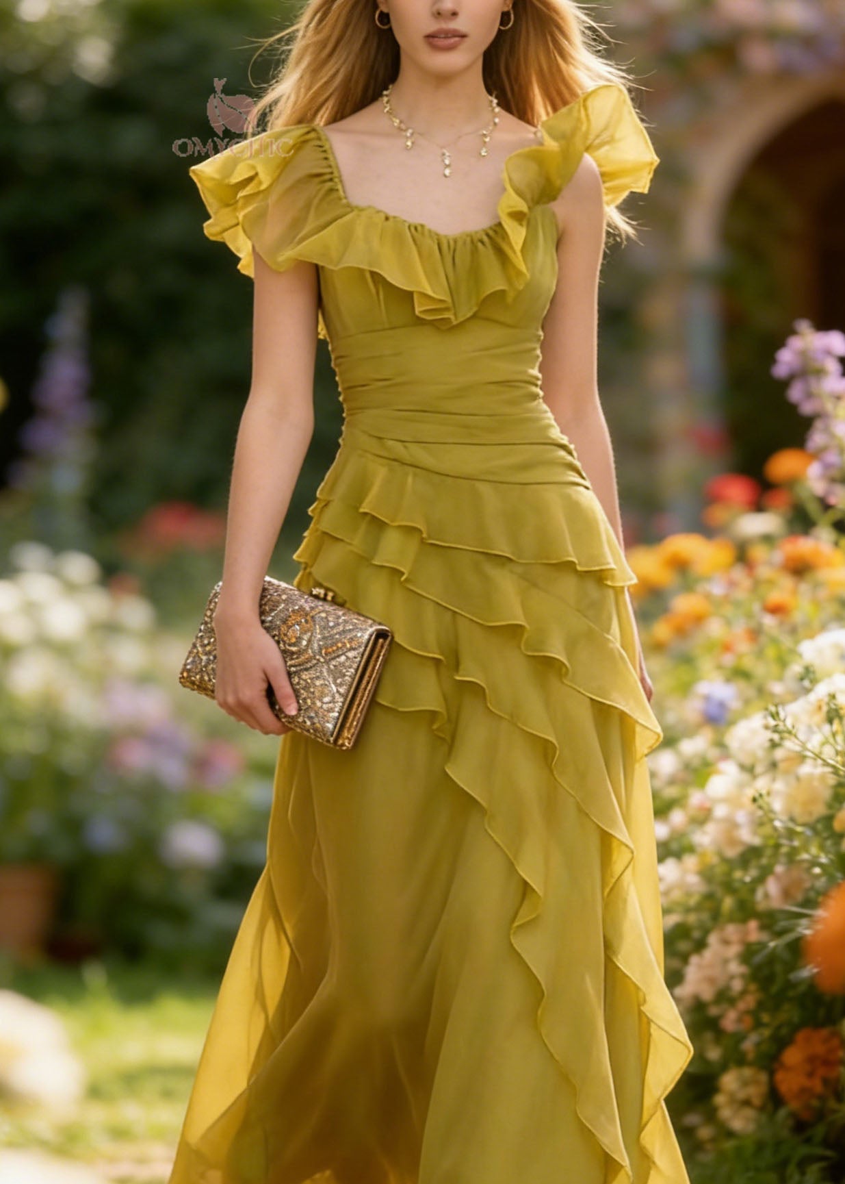 French Yellow Green Ruffled Patchwork Chiffon Dresses Summer