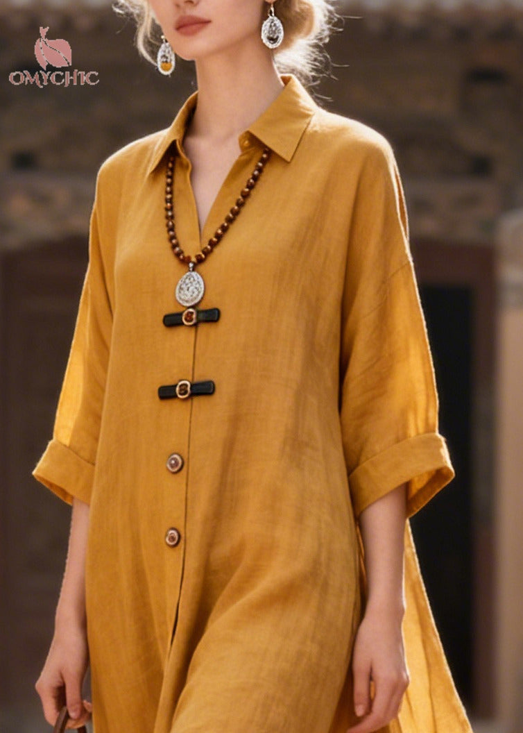 French Yellow Oversized Exra Large Hem Cotton Long Dress Summer