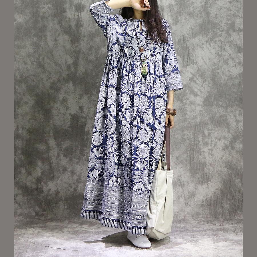 French prints linen cotton clothes For Women plus size Neckline blue Maxi Dress summer
