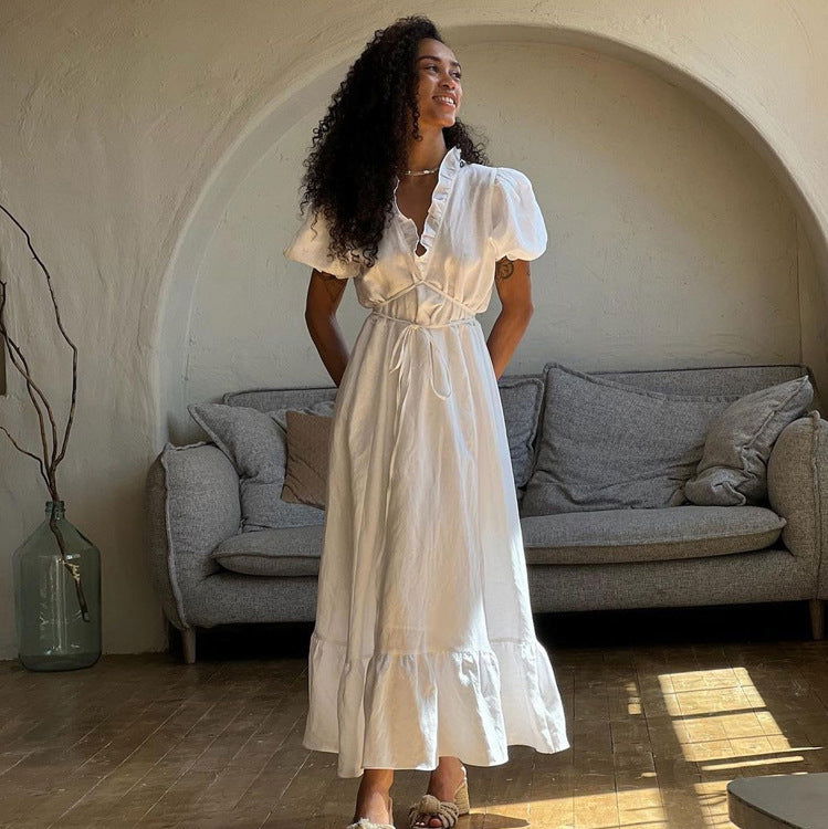 French White Dress Short Sleeve V Neck Lace Up Casual Dress