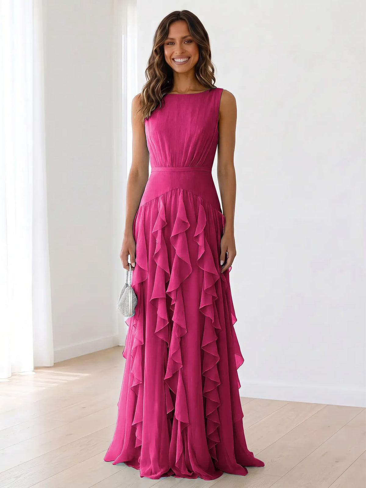 Sleeveless Tiered Chiffon Maxi Evening Gown with Ruched Bodice