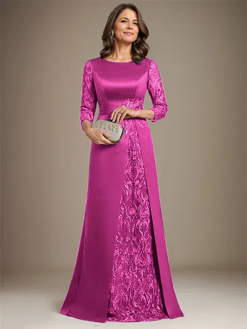 A-Line Scoop Floor-Length Lace Satin Mother Of the Bride Dress With Applique