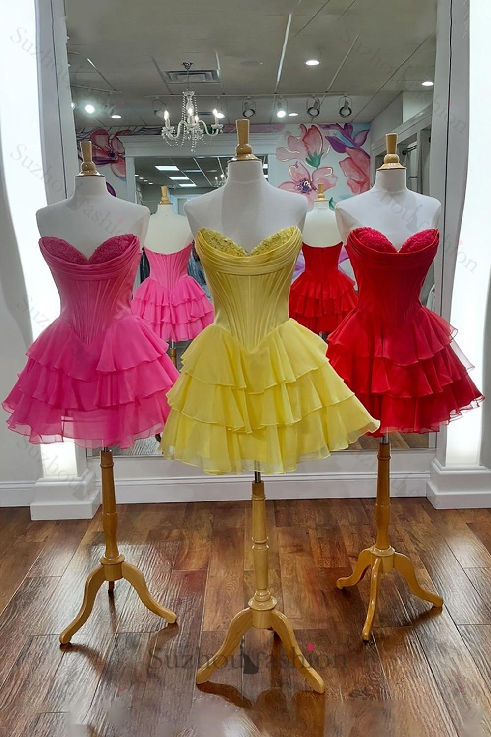 Fuchsia A Line Homecoming Dresses Corset Short Cocktail Dresses With Ruffles