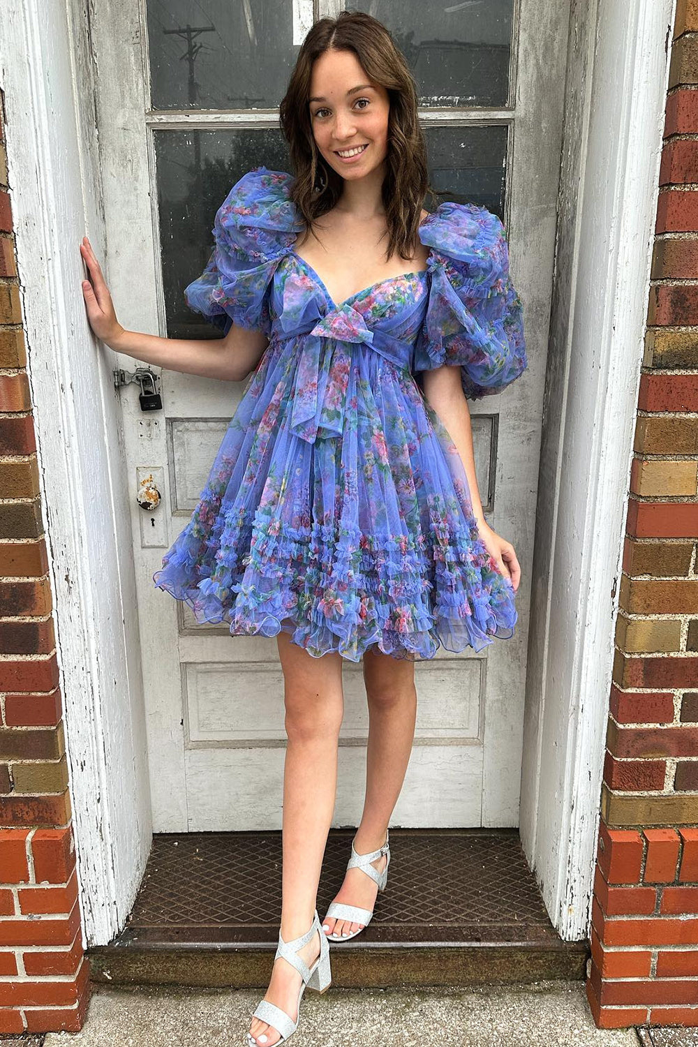Fuchsia Homecoming Dresses Puff Sleeves A-Line Floral Short Cocktail Dresses with Ruffles