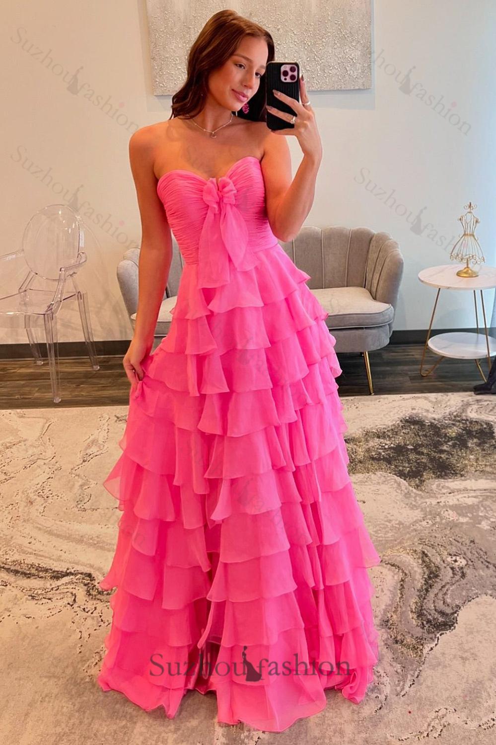 Fuchsia Prom Dress A-Line Sweetheart Tiered Formal Dress With Slit