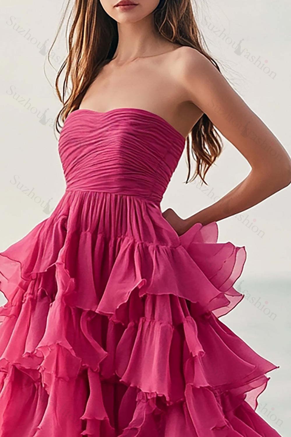 Fuchsia Prom Dress Chiffon Strapless Long Ball Gown Formal Dress With Ruffles